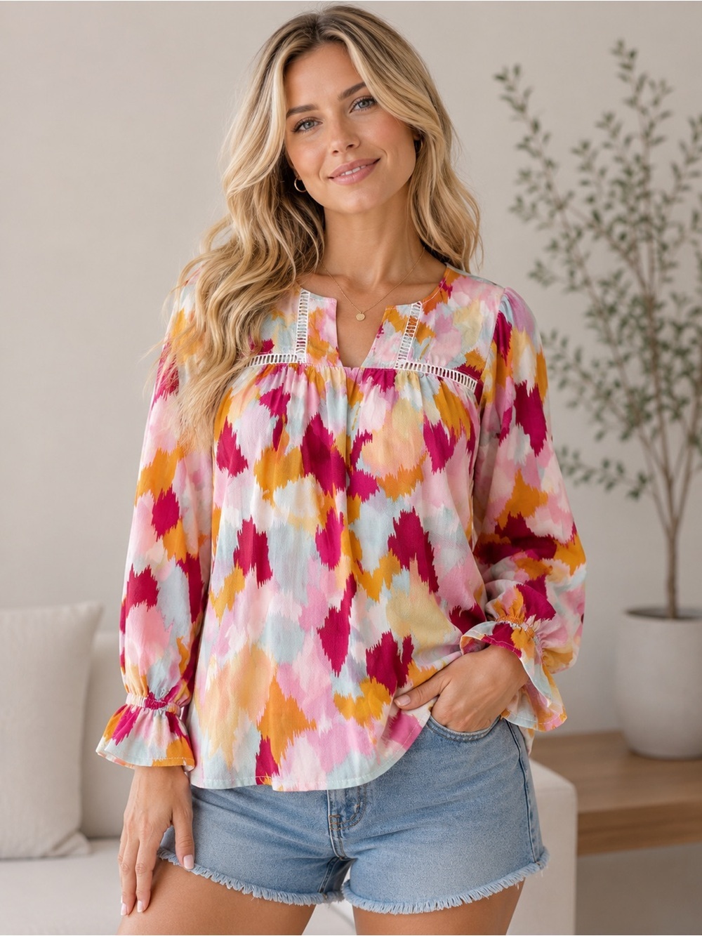 Women's Multicolor Printed Peasant Blouse - 862